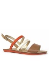 A color block design from Luxury Rebel--neutral hues are brightened by a bright coral strap on this summery sandal.