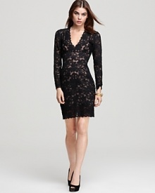 Romance, sultriness, and sophistication are encapsulated in this Nicole Miller lace sheath, complete with long sleeves for demure allure.