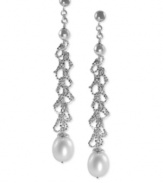 Elegance, with a twist. Earrings crafted from sterling silver dazzle with cultured freshwater pearls (9-9-1/2 inches) only enhancing the look. Approximate drop length: 2-1/2 inches. Approximate drop width: 1/3 inch.
