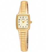 A perfectly elegant watch that has your comfort in mind. Pulsar by Seiko crafted of goldtone mixed metal expansion bracelet and rectangular case. Cream dial features black numerals and stick indices, three goldtone hands and logo. Quartz movement. Water resistant to 30 meters. Three-year limited warranty.