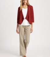 A touch of texture, a knit design that features an easy, open-front silhouette for timeless charm. Open-front designThree-quarter sleevesCascade frontRibbed trimAbout 23 from shoulder to hem45% linen/29%cotton/14% nylon/12% rayonDry cleanImported Model shown is 5'10 (177cm) wearing US size Small. 