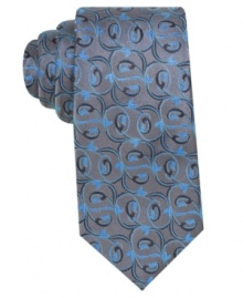 A unique print gives this Alfani silk tie its eye-catching style. A unique print gives this Alfani silk tie its eye-catching style.