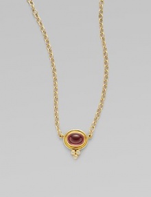 A smooth, pink tourmaline cabochon station with three dazzling diamonds, all set in 18k gold on a chain link necklace. Pink tourmalineDiamonds, .09 tcw18k goldLength, about 18Lobster clasp closure with signature charmMade in Italy A smooth, pink tourmaline cabochon station with three dazzling diamonds, all set in 18k gold on a chain link necklace. Pink tourmalineDiamonds, .09 tcw18k goldLength, about 18Lobster clasp closure with signature charmMade in Italy
