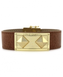 A leather bracelet gets even bolder. This magnetic closure bracelet from Vince Camuto features an ID plate and pyramid studs crafted from gold-tone mixed metal to really make a name for itself. Approximate length: 8 inches.
