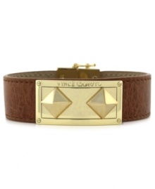 A leather bracelet gets even bolder. This magnetic closure bracelet from Vince Camuto features an ID plate and pyramid studs crafted from gold-tone mixed metal to really make a name for itself. Approximate length: 8 inches. A leather bracelet gets even bolder. This magnetic closure bracelet from Vince Camuto features an ID plate and pyramid studs crafted from gold-tone mixed metal to really make a name for itself. Approximate length: 8 inches.
