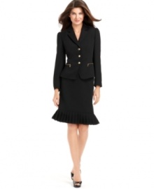 This skirt suit from Tahari by ASL looks sharp on top with goldtone zipper and hardware details on the jacket and pretty at the bottom with a pop of pleating at the hem. This skirt suit from Tahari by ASL looks sharp on top with goldtone zipper and hardware details on the jacket and pretty at the bottom with a pop of pleating at the hem.