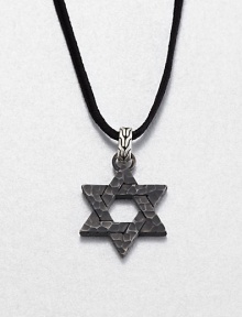 From the Palu Collection. The distinctive Paul hammered texture informs a stunning Star of David pendant crafted of blackened bronze, connected to its black cord by a carved sterling silver bale.Bronze and sterling silverBlack cordChain length, about 24Pendant diameter, about 1Lobster claspMade in Bali From the Palu Collection. The distinctive Paul hammered texture informs a stunning Star of David pendant crafted of blackened bronze, connected to its black cord by a carved sterling silver bale.Bronze and sterling silverBlack cordChain length, about 24Pendant diameter, about 1Lobster claspMade in Bali