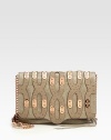 A unique flap silhouette of rich leather, layered with ostrich-stamped cut-outs and finished with polished hardware.Leather and chain shoulder strap, 17 dropFlap snap closureOne outside snap pocketOne outside zip pocket under flapOne inside zip pocketThree inside open pocketsCotton lining11W X 7½H X 1DImported