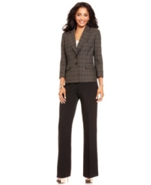 Evan Picone infuses this pant suit with a pop of plaid at the jacket and keeps the interest up by adding a luxe texture to both pieces. Evan Picone infuses this pant suit with a pop of plaid at the jacket and keeps the interest up by adding a luxe texture to both pieces.