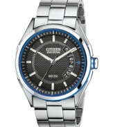 A classic steel timepiece with modern color. This Citizen watch features Eco-Drive technology that harnesses natural and artificial light, never needing a battery. From the Drive from Citizen Eco-Drive collection.