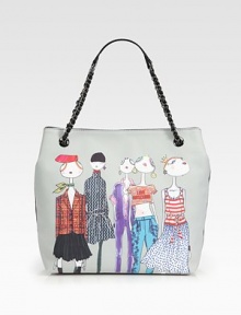 A colorful and whimsical print on luxurious satin with a chic chain strap.Double laced chain top handles, 8 dropMagnetic snap closureOne inside zip pocketTwo inside open pocketsVinyl trimSatin lining12½W X 12H X 5DImported A colorful and whimsical print on luxurious satin with a chic chain strap.Double laced chain top handles, 8 dropMagnetic snap closureOne inside zip pocketTwo inside open pocketsVinyl trimSatin lining12½W X 12H X 5DImported