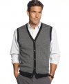 Spice up your look in seconds with this handsome tweed sweater-vest from Geoffrey Beene.