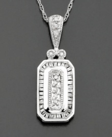 A vintage-inspired pendant for a touch of sparkle. Baguette-cut and round-cut diamonds (1/5 ct. t.w.) set in luminous 14k white gold. Chain measures 18 inches. A vintage-inspired pendant for a touch of sparkle. Baguette-cut and round-cut diamonds (1/5 ct. t.w.) set in luminous 14k white gold. Chain measures 18 inches.