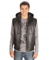 Look the part of high-rolling style maven with this faux-leather hooded vest.