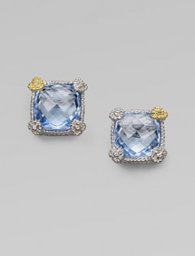 A radiantly cushioned blue quartz cushion is cradled in a sterling silver setting, with heart-shaped prongs, one of yellow gold with a diamond accent. Diamonds, 0.008 tcw Blue quartz Sterling silver and 18k yellow gold About ½ square Post back Made in USA Please note: Stone color may vary. A radiantly cushioned blue quartz cushion is cradled in a sterling silver setting, with heart-shaped prongs, one of yellow gold with a diamond accent. Diamonds, 0.008 tcw Blue quartz Sterling silver and 18k yellow gold About ½ square Post back Made in USA Please note: Stone color may vary.