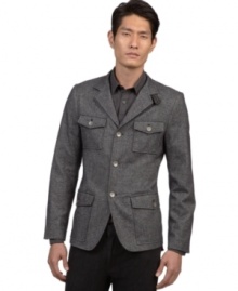 Edgy and distinctive. For the distinct and trendy man is this unique military looking fitted blazer by Kenneth Cole New York.