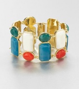 A colorful style featuring faceted stones in various shapes and sizes in a linked design. Resin stones12k goldplated brassLength, about 7.75Hinged snap closureImported 