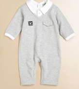 Classic pique knit in one comfy coverall with a layered-look collar peeking out.Contrast polo collar with buttonsV necklineLong sleeves with contrast trimPatch button flap chest pocketEmbroidered logo patch on chestBack snap closeSnap legsCottonMachine washImported Please note: Number of snaps may vary depending on size ordered. 