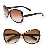 These glamorous, acetate frames feature chic, metal logo end pieces. Available in vintage tortoise-coconut with brown gradient lens, navy with blue gradient lens or beige-tortoise with brown gradient lens. Metal logo end piecesUV 399Imported