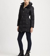 Thanks to a removable hood, this belted goose-down coat offers sleek style and versatility of wear. Removable hoodDouble zipperZipper pocketsBelted silhouetteAbout 32 from shoulder to hemNylonFill: goose down feathersDry cleanImported Model shown is 5'10 (177cm) wearing US size 4. 