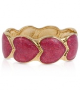 Heart-to-heart talks will be had about this hinged bangle bracelet from Betsey Johnson. Crafted from antique gold-tone mixed metal, the heart shapes on the bracelet add a whimsical touch. Item comes packaged in a signature Betsey Johnson Gift Box. Approximate diameter: 2-3/8 inches.