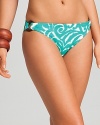 The vivacious teal and white print of this Shoshanna swim brief is accented with earthy wood rings at each hip. Made to match the printed top, sold separately.