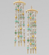 A four-strand fringe design dangles tiny beads of multi-hued Peruvian opal and 18k gold from a polished 14k gold bar.Peruvian opal 14k and 18k yellow gold Length, about 3 Ear wire Imported