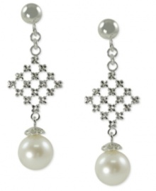 Pearls with panache. These drop earrings, crafted from sterling silver, feature a postmodern pattern before ending in cultured freshwater pearls (8-8-1/2 mm) for an elegant touch. Approximate drop length: 1-1/3 inches. Approximate drop width: 1/2 inch. Pearls with panache. These drop earrings, crafted from sterling silver, feature a postmodern pattern before ending in cultured freshwater pearls (8-8-1/2 mm) for an elegant touch. Approximate drop length: 1-1/3 inches. Approximate drop width: 1/2 inch.
