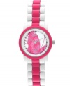 Transform into something beautiful with this biodegradable watch by Sprout. Fuchsia and white corn resin bracelet and round case with mineral crystal. Genuine mother-of-pearl dial features diamond accent at twelve o'clock, printed black minute track, fuchsia butterfly design, silver tone minute and hour hands, sweeping second hand and logo. Quartz movement. Limited lifetime warranty.