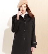 Jones New York offers a fresh take on a classic coat: on-trend colorblocking (just enough to make it interesting) highlights the swingy silhouette of this wool-blend topper.