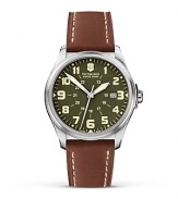 A stylish leather strap with contrast stitching lends vintage style to this watch from Swiss Army.