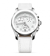 Check the time in striking fashion. With a white leather strap and sporty dial, Victorinox's army-inspired watch is a commanding accent for citified looks.