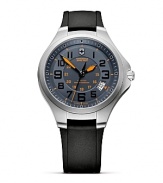 Bright orange accents embolden Victorinox's stainless steel watch. Whether worn with a suits or a sweater, this surplus-inspired style is as easy to wear as it is smart.