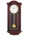 Accent your home with the rich mahogany elegance of this wall clock from Seiko. Solid mahogany case with glass window and brass pendulum. Round white dial with goldtone accents, roman numeral indices and logo. Westminster/Whittington quarter hour chime and hourly strikes. Volume control and nighttime chime silencer. One C battery included. Measures approximately 27 x 11-3/4 x 5-1/4 inches.