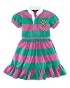 The classic striped rugby shirt inspired a comfortable cotton jersey dress, finished for a pretty look with a ruffled collar and puff sleeves.