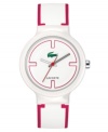 Snap into action with this preppy, pink-accented men's and women's Goa watch from Lacoste. White silicone strap with pink stripes. Round white plastic case and round white dial with logo. Quartz movement. Water resistant to 30 meters. Two-year limited warranty.