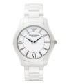 Sleek sophistication. Slim-profile watch by Emporio Armani crafted of white ceramic bracelet and round case. White dial features black Roman numerals, minute track, two silver tone hands and logo. Quartz movement. Water resistant to 30 meters. Two-year limited warranty.