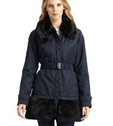 THE LOOKRemovable oversized faux fur-trimmed collarButton front with concealed snapsRemovable elastic belt with buckleDual snap besom pocketsLong sleeves with belted cuffsFaux fur-trimmed hemZip-out quilted liningTHE FITAbout 32 from shoulder to hemTHE MATERIALShell: cotton/nylonFaux fur trim: acrylic/modacrylic/polyesterLining: polyesterLiner shell