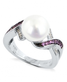 Stand out, in style. This sterling silver ring, with a cultured freshwater pearl (10-10-1/2 mm) and pink sapphire and diamond accents, proves to be quite captivating. Size 7. Stand out, in style. This sterling silver ring, with a cultured freshwater pearl (10-10-1/2 mm) and pink sapphire and diamond accents, proves to be quite captivating. Size 7.