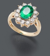 A rich combination of royalty-inspired design and vibrant green hues. Ring features a brilliant emerald (1-3/4 ct. t.w.) surrounded by sparkling round-cut diamonds (1 ct. t.w.). Crafted in 14k gold.