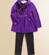 The traditional trench gets a flirty, feminine makeover with a full skirt and fun zip details, in a lustrous, water-resistant fabric.Notched collar with button neck tabShoulder epauletsLong sleeves with zip cuffsDouble-breasted button frontStitched waistFull gathered skirtAngled zip pocketsCenter back ventCheck liningPolyesterMachine washImportedPlease note: Number of buttons may vary depending on size ordered. 
