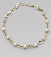 This unique and chic design of baroque pearls and three dimensional 18k gold oval links is simply stunning.12mm baroque white organic man-made pearls18k goldplated sterling silverLength, about 16 to 18 adjustableLobster clasp closureImported 