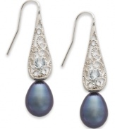 Resplendent in blue. Sterling-silver drop earrings exude style with black cultured freshwater pearls (8-9 mm) and round-cut blue topaz stones (1/6 ct. t.w.). Approximate drop: 1-1/2 inches.