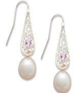 Stunning in silver. Sterling-silver drop earrings exude style with silver cultured freshwater pearls (8-9 mm) and round-cut amethysts (1/6 ct. t.w.). Approximate drop: 1-1/2 inches.
