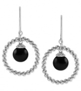 Bring light to the dark with this pair of sterling silver drop earrings. Rich onyx (8 mm) is surrounded by rhodium-plated sparkle beads for a lustrous effect that evokes elegance. Approximate drop length: 1-1/4 inches. Approximate drop width: 3/4 inch.
