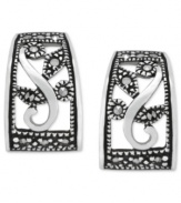 A beautiful pattern develops on these J-shaped hoop earrings from Genevieve & Grace. Set in sterling silver, the pair features a filigree design with marcasite for a visually appealing look. Approximate size: 5/8 by 7/8 inch.