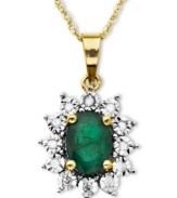 Totally glam in green. This beautiful pendant combines oval-cut emerald (7/8 ct. t.w.) and round-cut diamond accents in a chic, 10k gold setting. Approximate length: 18 inches. Approximate drop: 3/4 inch.