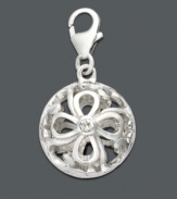 Clip a little extra sparkle onto an ordinary bracelet chain. This chic charm features an intricate scrolling silver and cubic zirconia accented design. Set in sterling silver with a lobster claw clasp. Approximate drop: 1/2 inch.