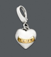 Add a little love to your look with this cute heart charm. Crafted in sterling silver, heart features a 14k gold banner with the word love engraved on it. Lobster claw clasp. Approximate drop: 1 inch.