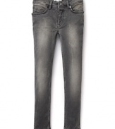 Cool grey denim is a refreshing stray from typical blue, putting your stylish little ones at the edge of the fashion curve. From Burberry.